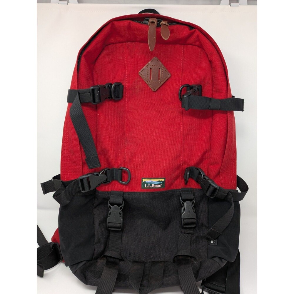 L.L.Bean Hiking Backpack Red Black Nylon Daypack Multi Pocket Item 510654